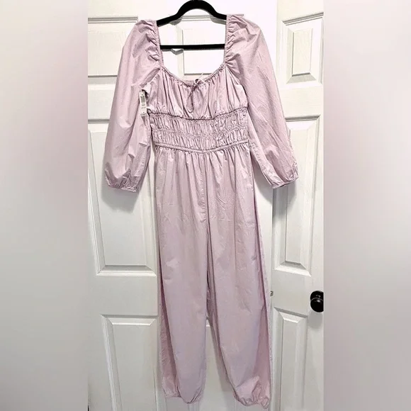 NWT Aritzia Wilfred Waters Poplin Jumpsuit Romper Smocked in Cloudy Lilac Medium - Picture 5 of 12